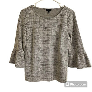 Talbots Womens Med Petite 3/4 Bell Sleeve Black White Geometric Print Blouse Top